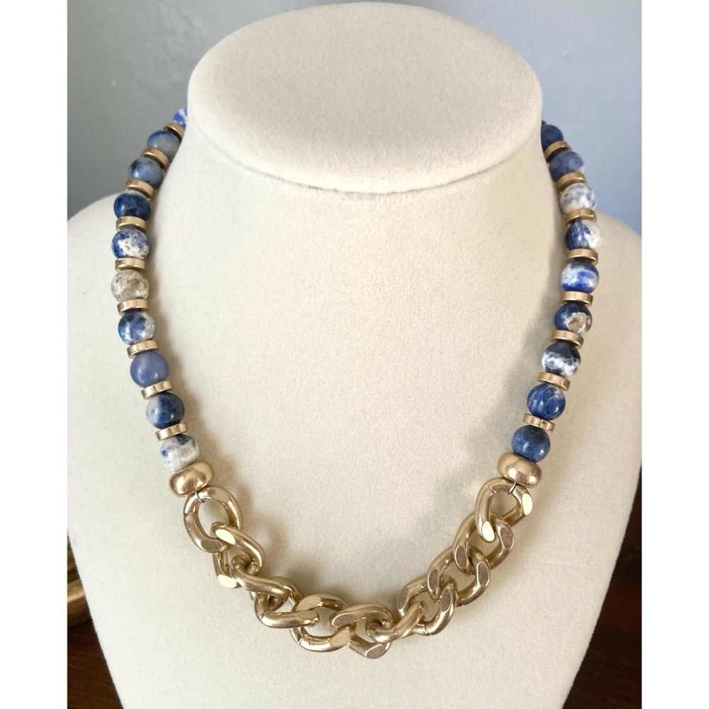CANVAS Gemstone Beaded Statement Necklace Goldtone Chain Blue Stone